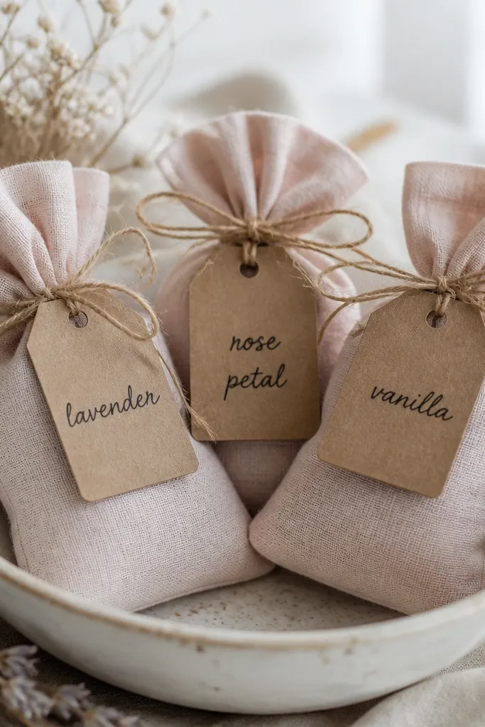Three small sachet bags sitting in a shallow dish. The fabric is light linen in pale blush. Each bag has a kraft paper label tied with twine, and the labels include hand-written scent names in dark ink.