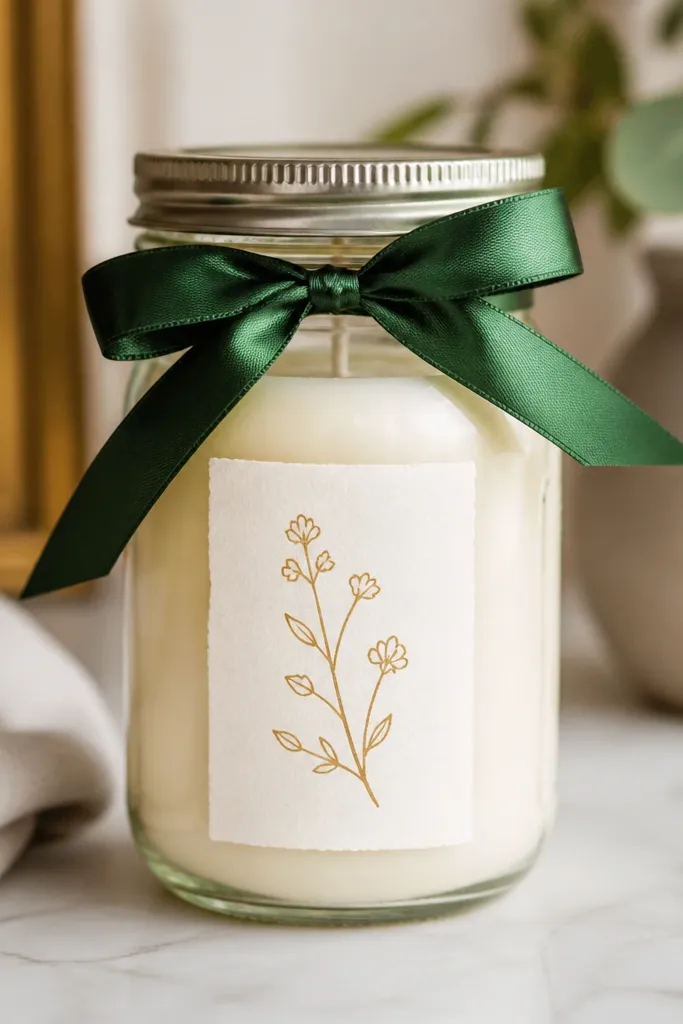 A mason jar candle with a clear jar. Around the lid is a thick satin ribbon in deep green. A paper label sits on the front with a neat handwritten name and a simple line illustration in gold paint pen.