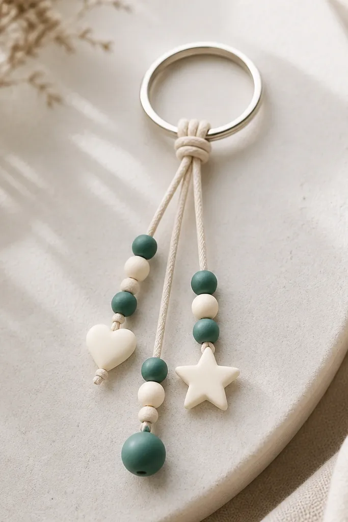 A keychain with a metal split ring. Three charms hang at different heights: a tiny heart, a round bead, and a small star. Beads alternate between matte cream and muted teal, and the top has a simple knot detail.