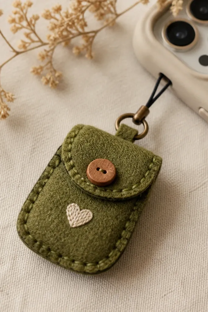 A felt phone charm shaped like a small pouch. It's made from olive felt with a stitched-looking border. A small wooden button closes the top, and a mini loop attaches to a phone case. A tiny embroidered heart sits on the front.