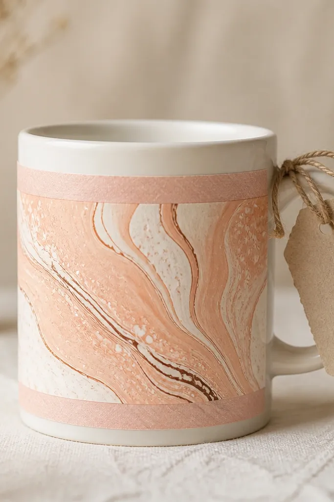 A plain ceramic mug wrapped with a strip of paper. The paper has a paint-pour look in peach and cream with a dark brown outline. Washi tape forms a clean top and bottom border, and there's a handwritten tag tied to the handle.
