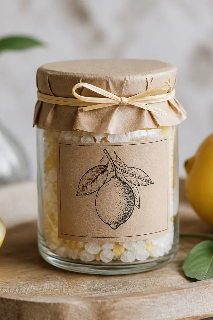 A small glass jar filled with chunky bath salts in a pale yellow and white mix. The lid is wrapped with a thin ribbon. The label is kraft paper with a hand-drawn lemon and a neat typed-style name written by hand.