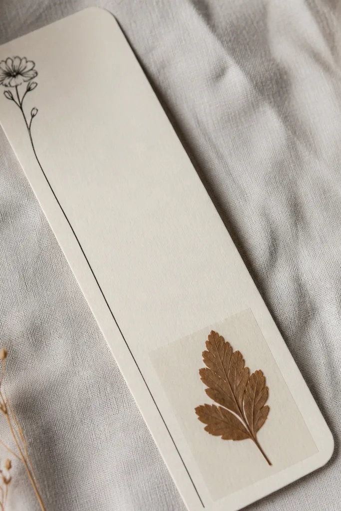 A bookmark-shaped card made from thick cream cardstock. A pressed leaf sits near the bottom corner, sealed under a small clear tape square. The card has neat hand lettering and a small doodle in the margin.