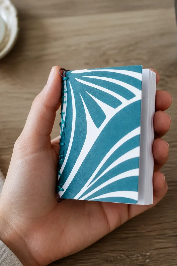 A tiny notebook about the size of a hand. It's made from one patterned sheet folded into a booklet. The cover is a bold print in teal and white, and the pages are lined. The spine has a corner binding with a strip of matching fabric thread.