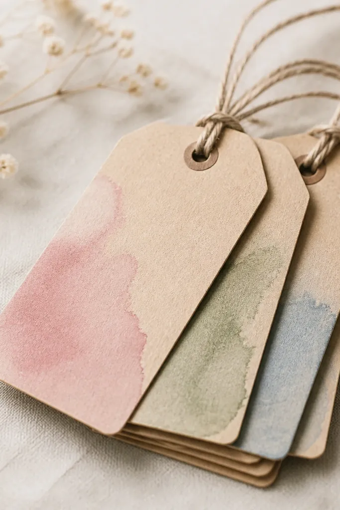 A stack of kraft paper gift tags. Each tag has a soft watercolor wash in muted pink, sage, and pale blue. The names are written in dark ink, and each tag has a thin twine loop.