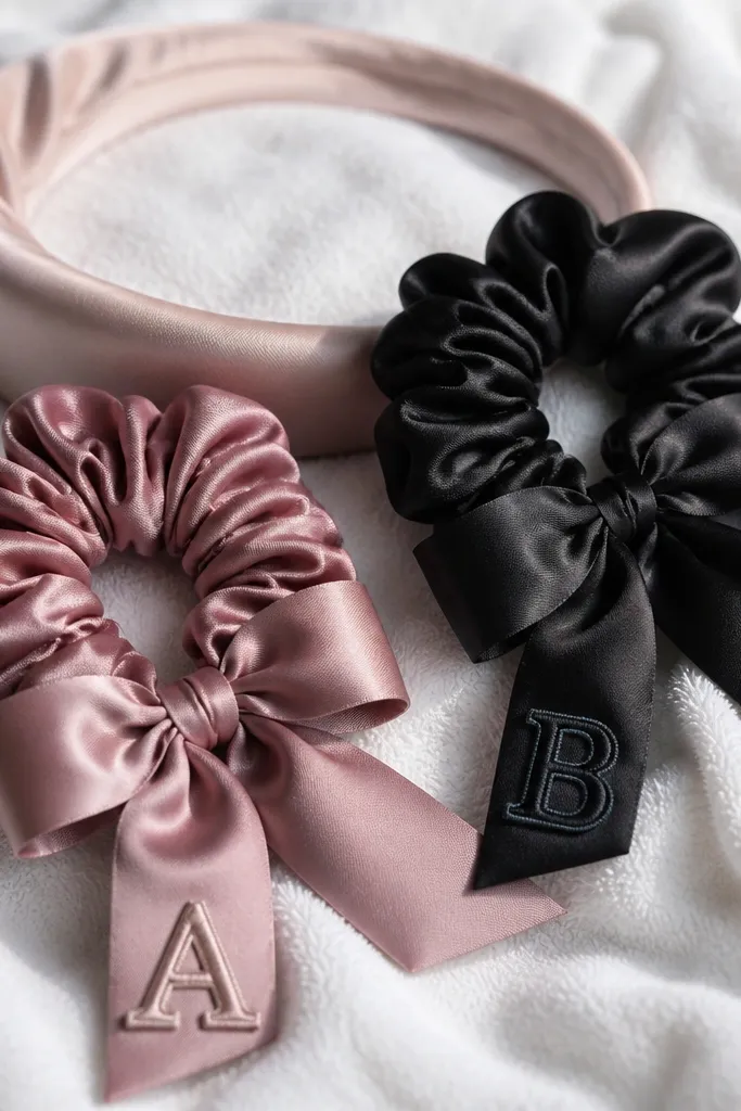 Two satin ribbon scrunchies on a white towel. One is dusty rose, the other is black. Each has a looped ribbon tail and a small embroidered letter patch. A satin headband sits behind them.