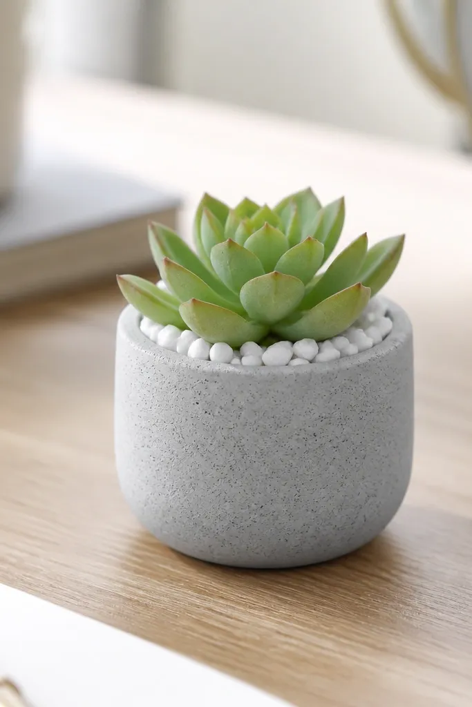 A small desk item shaped like a mini planter. The surface is painted in a speckled gray concrete look. On top sits a tiny artificial succulent. The base has a ring of painted white pebbles.