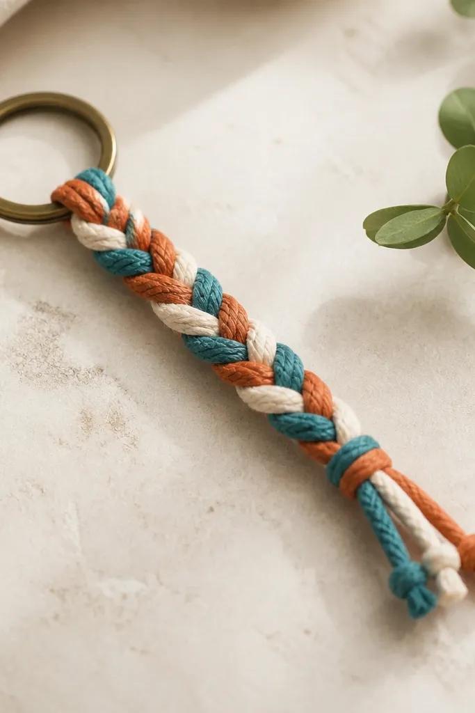 A braided cord keyring that looks like a friendship bracelet. The cord is three colors - cream, teal, and rust. A metal keyring attaches at one end, and the braid ends are tied with small knots.