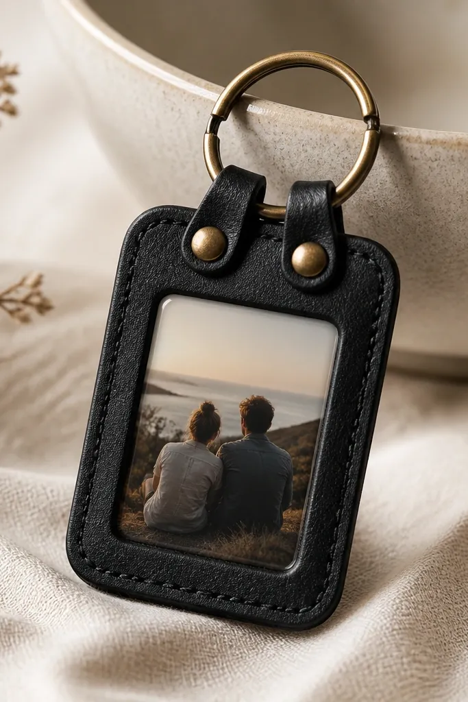 A small keychain made from black faux leather with two stitched tabs, a clear window showing a tiny printed photo, and a brass split ring hanging from the top.