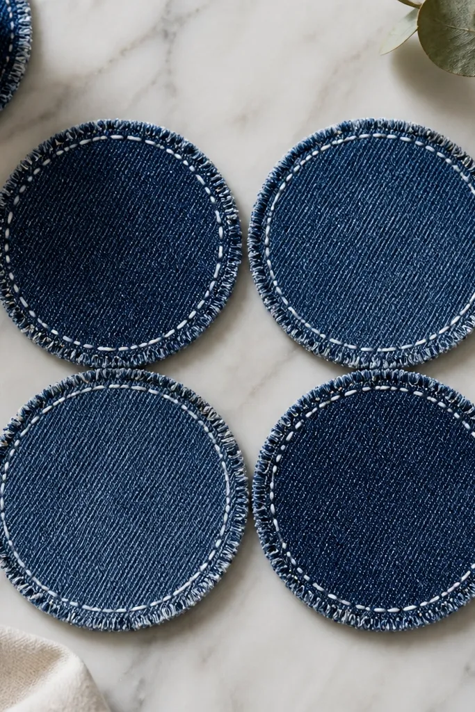 Four denim coasters arranged in a square, each with a white painted border that looks like hand stitching, and small frayed edges around the circle shape.