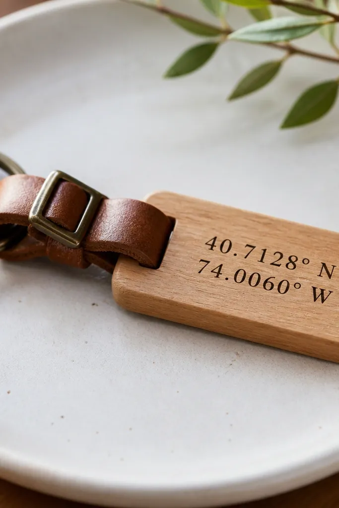 A small rectangular wood key fob with a smooth light-wood grain, stamped coordinates in dark ink, and a leather strap loop with a metal buckle.