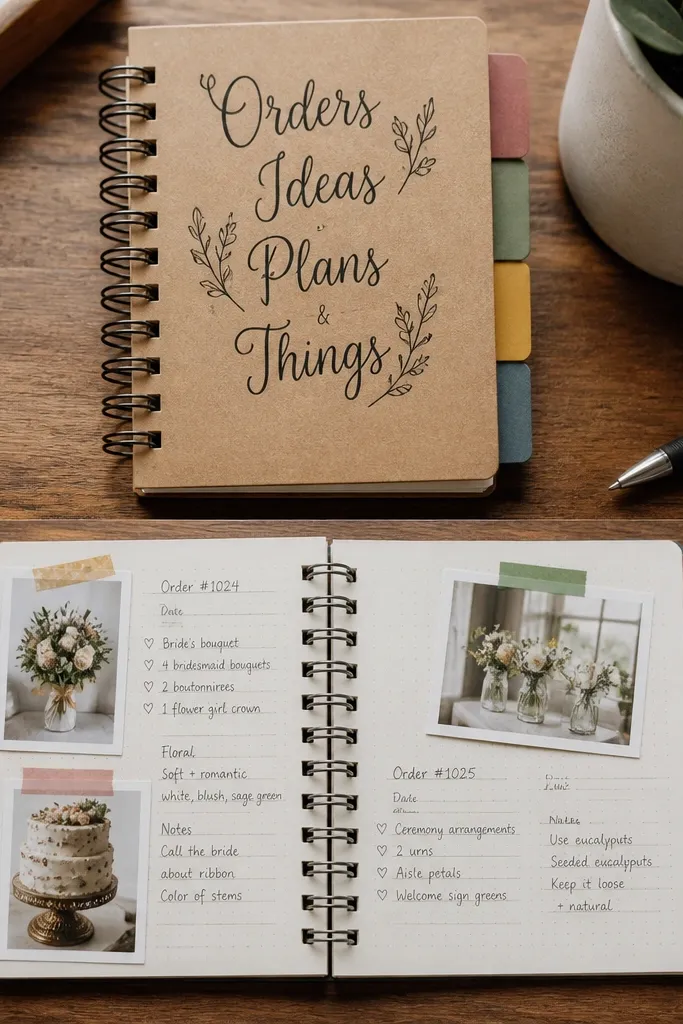 A small spiral notebook with a kraft cover, a hand-lettered title on the front, and four sections labeled with colored tabs; inside pages show printed order notes and sticky photos.