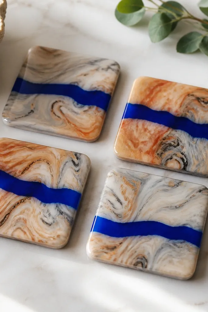 A set of four small coasters with marbled acrylic colors and a single thick cobalt-blue stripe running through each piece, sealed with a glossy clear top.