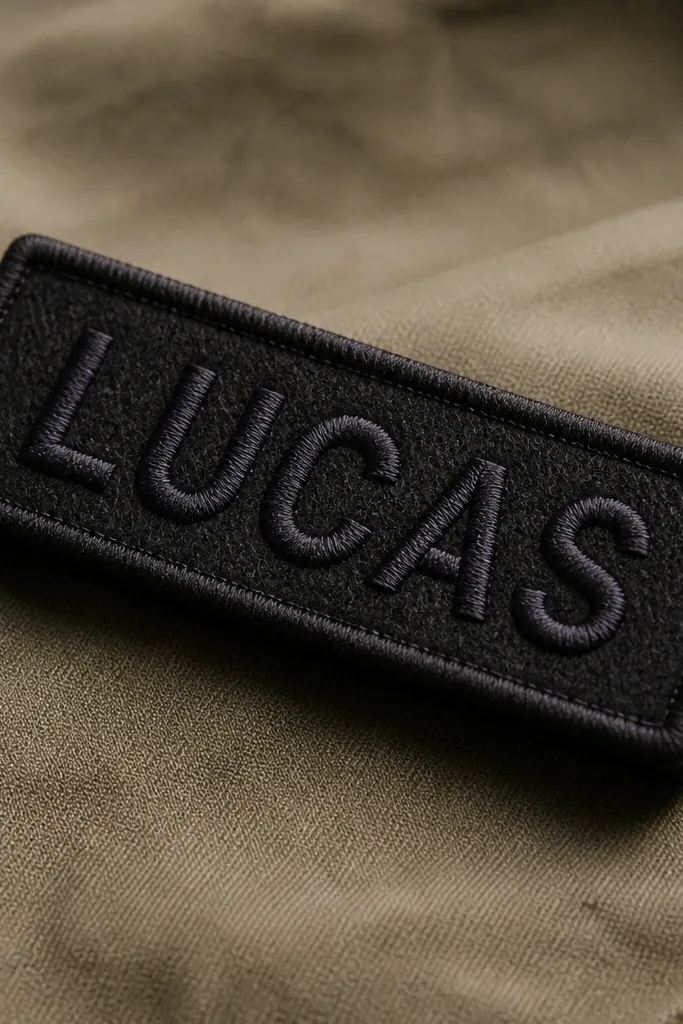 A small rectangular fabric patch with his name stitched in dark thread on black felt, with a neat border and a folded edge ready to sew on.