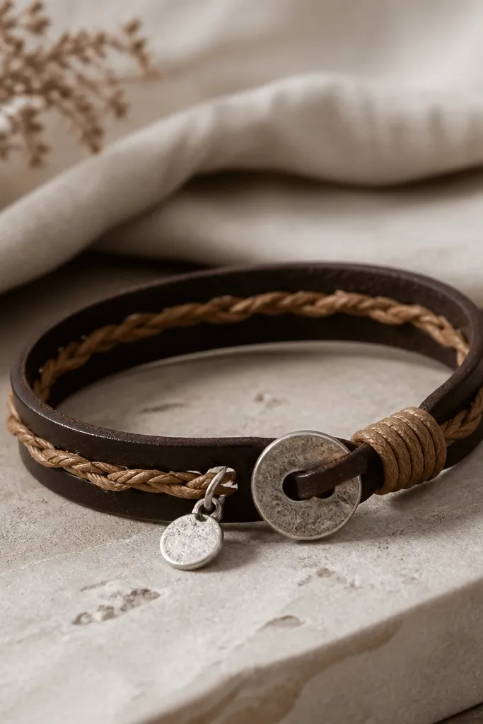 A dark brown leather wrap bracelet with a braided section of tan waxed cord, a small silver charm near the clasp, and a simple button closure.