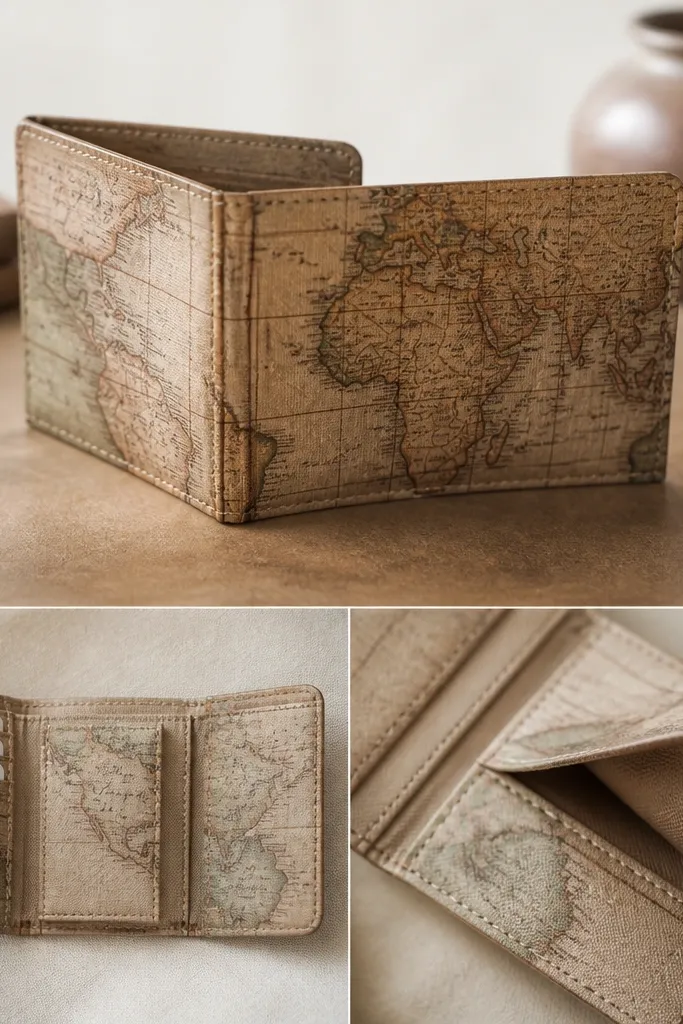 A tri-fold wallet made from a vintage map print, with clean crease lines, a clear tape laminate sheen, and a hidden internal pocket on the inside flap.