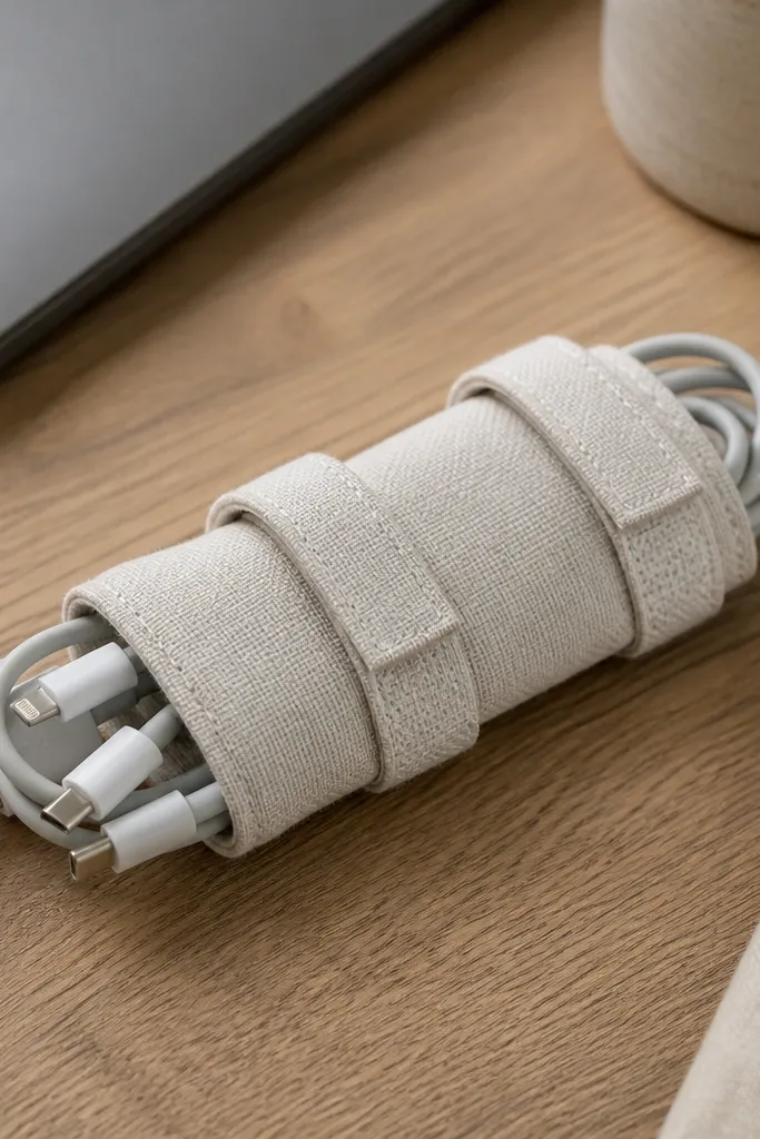 A fabric sleeve with a neutral linen look, stitched edges, and two Velcro straps wrapping around a bundle of charging cables on a wooden desk.