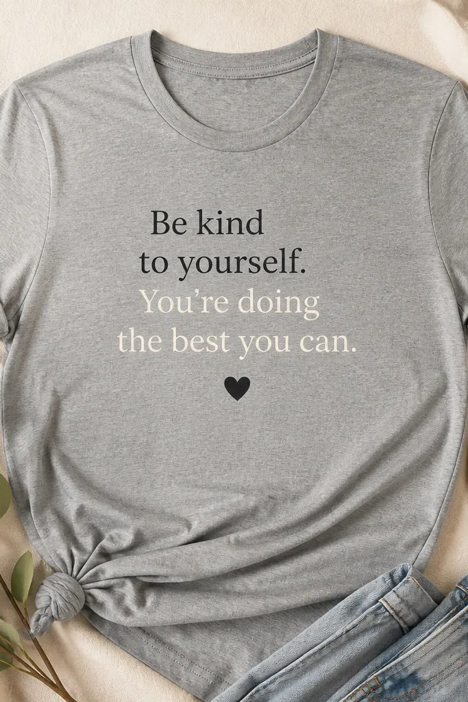 A heather gray t-shirt laid flat with a black-and-cream printed quote on the chest in clean type, plus a small heart icon beneath it.