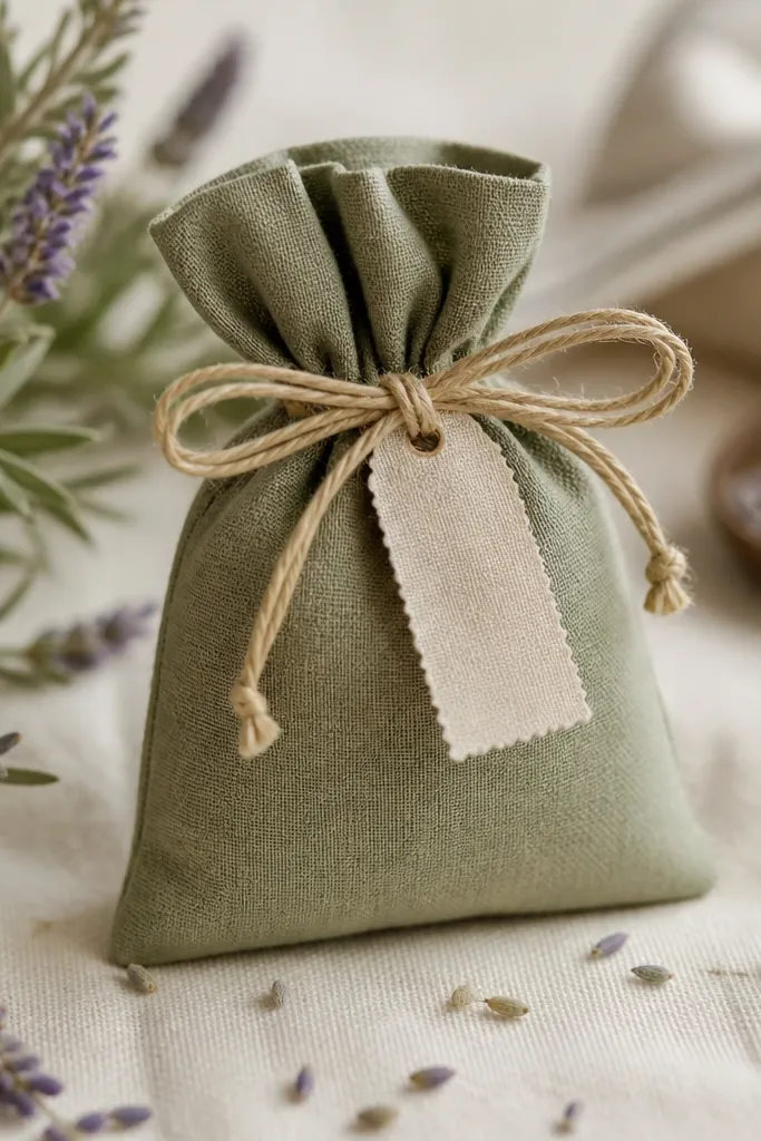 A small fabric sachet in muted green cotton with stitched seams, a drawstring closure tied with tan cord, and a label tag reading a simple scent name.