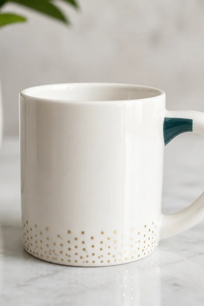 A plain white ceramic mug with a painted dark teal band around the handle area, a small gold dot pattern near the base, and a glossy finish under bright light.