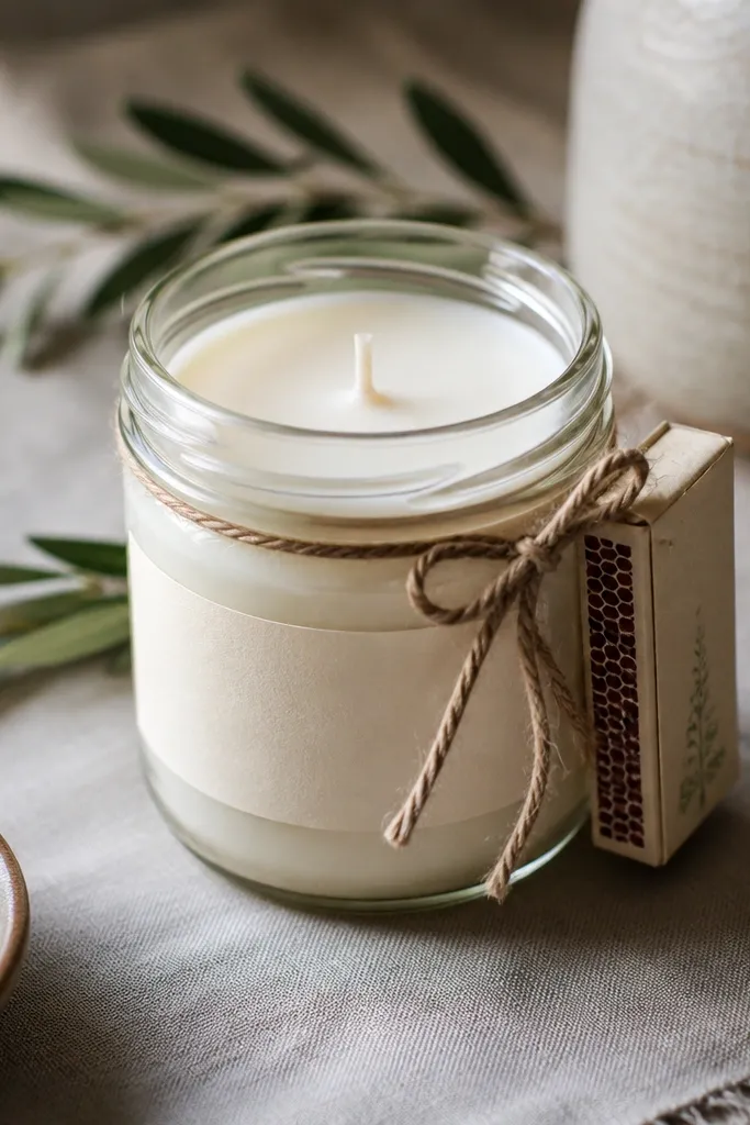 A small mason jar candle with a soy wax top, a cream label with black handwritten text, and a matchbox tied to the jar with twine.