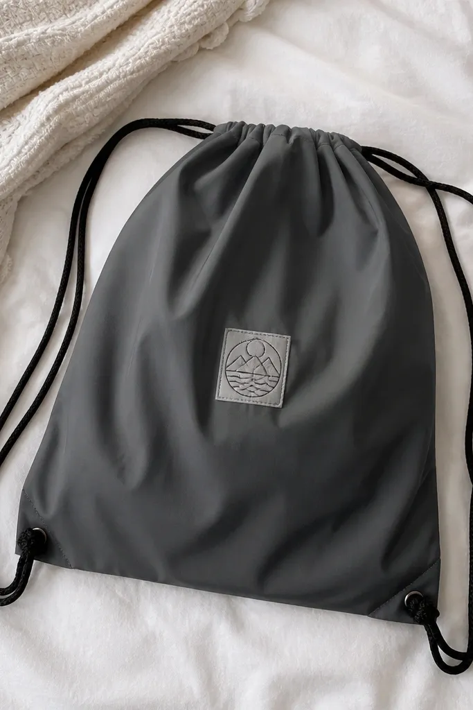 A drawstring cinch bag in slate gray with a stitched icon patch on the front, black drawstrings, and a flat layout on a bed.