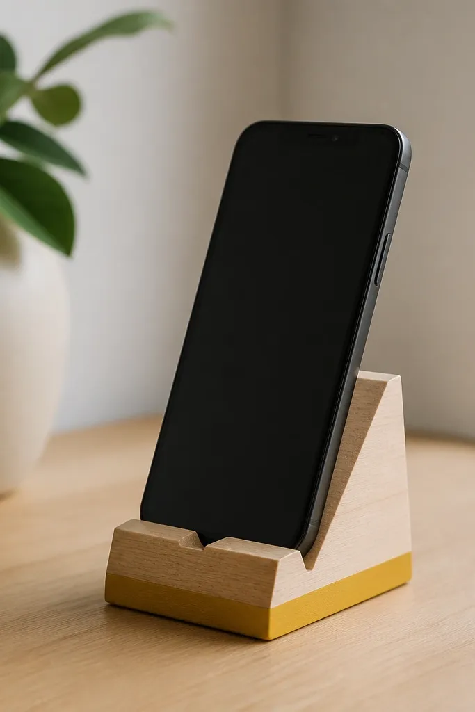 A small wooden phone stand shaped like a wedge, light wood with a painted base stripe in mustard, and a notch to hold the phone at an angle.