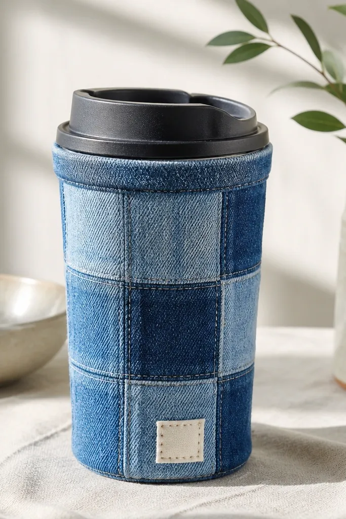A handmade travel mug covered in a sleeve made from two shades of blue denim squares, stitched in straight seams. The top edge has a narrow cuff, and the seam sits on the back side. A small stitched label patch sits near the bottom front.