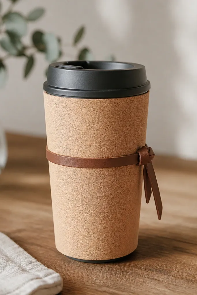A travel mug wrapped in a cork sheet sleeve with a smooth tan surface. A thin strip of brown leather loops around the mug and ties at the side, with a small knot visible near the middle.
