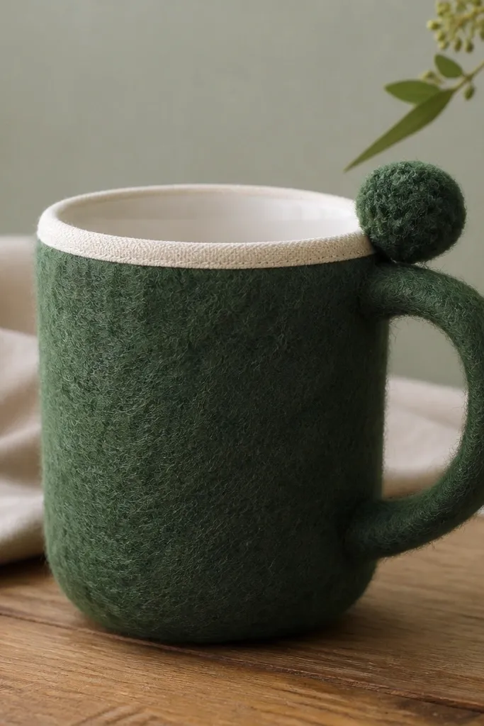 A mug covered in soft, thick felted wool in forest green. One corner has a small pom-pom attached, and the top edge is bound with a narrow strip of cream fabric.