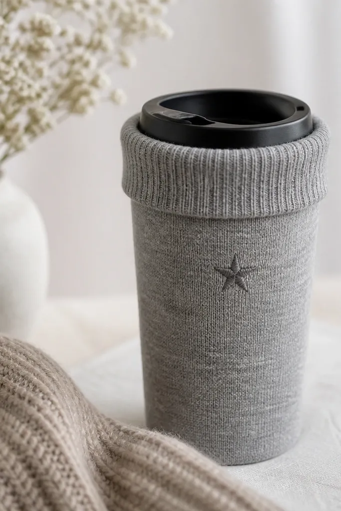A travel mug wrapped in a heather gray t-shirt knit fabric. The top edge has a rolled cuff that looks like a sweater sleeve, and a small stitched star is placed near the front.