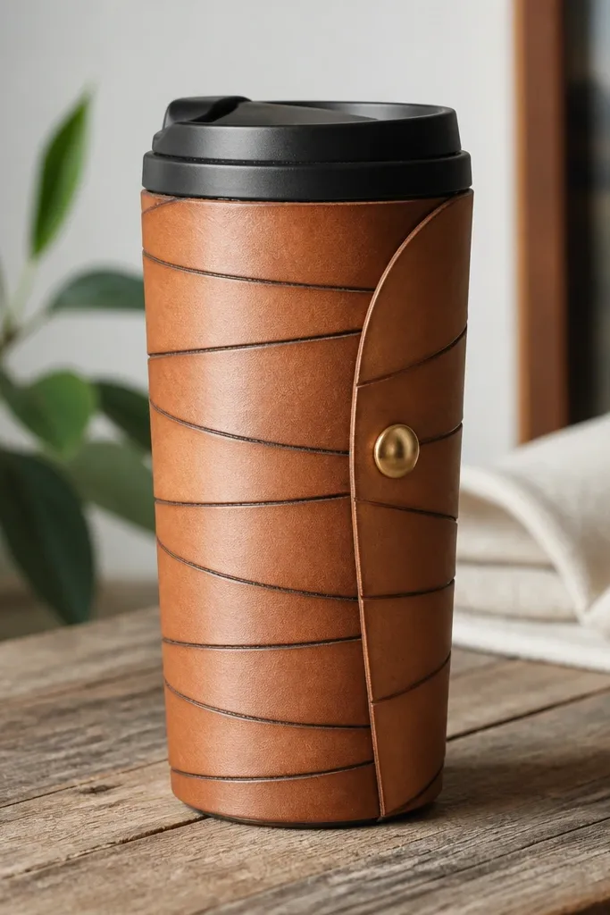 A travel mug with a wrap made from thin tan leather strips overlapping slightly. The edges are burnished to a dark shine, and a single brass snap closes the seam.