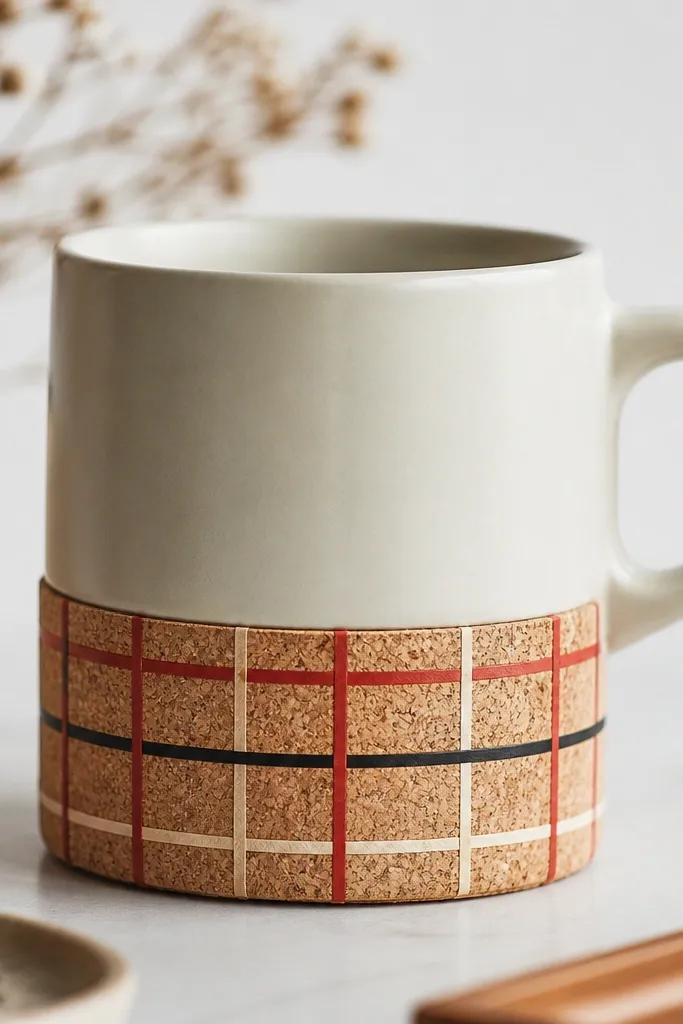 A mug sleeve covered with a clean grid pattern of washi tape in muted red, cream, and black. A thin cork sheet sits under the tape for texture, and the grid lines wrap neatly around the bottom band.