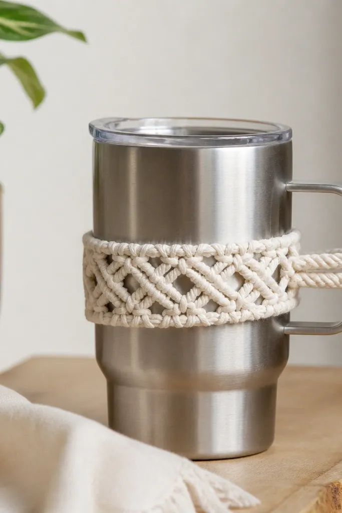 A stainless travel mug with a macrame loop tied around the middle. The cord is off-white and forms neat knots, with the loop positioned on the side handle for one-hand carry.
