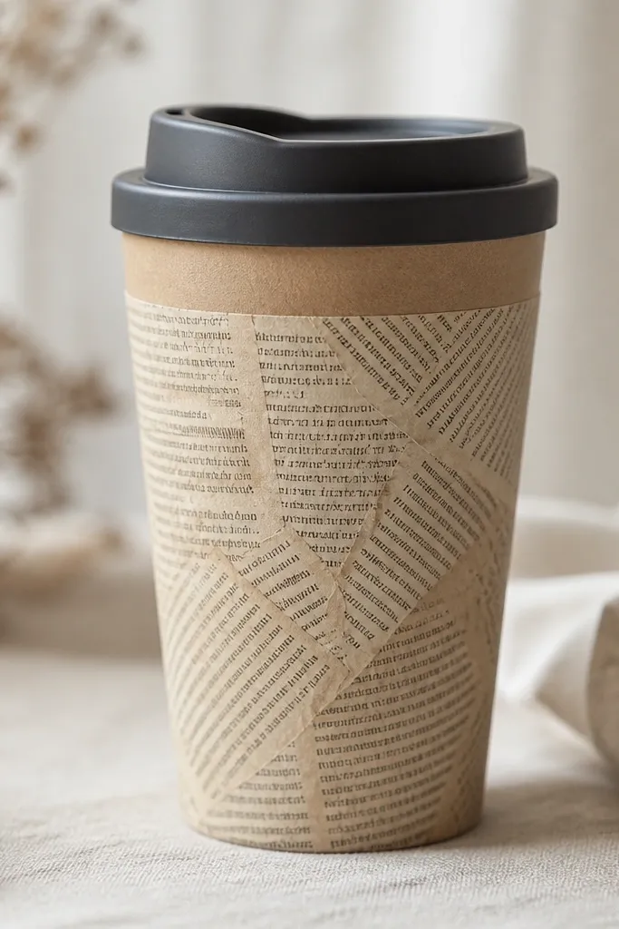 A travel mug covered in thin book pages in a soft sepia tone. The text is visible in the background, and the top edge has a clean band of brown paper. The finish looks matte and smooth, not glossy.