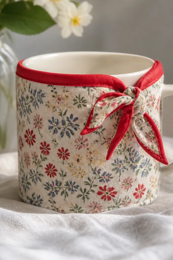 A mug wrapped in a lightweight vintage scarf print with tiny florals. The top edge is finished with red bias binding, and the seam is covered by a small knot-tie detail.