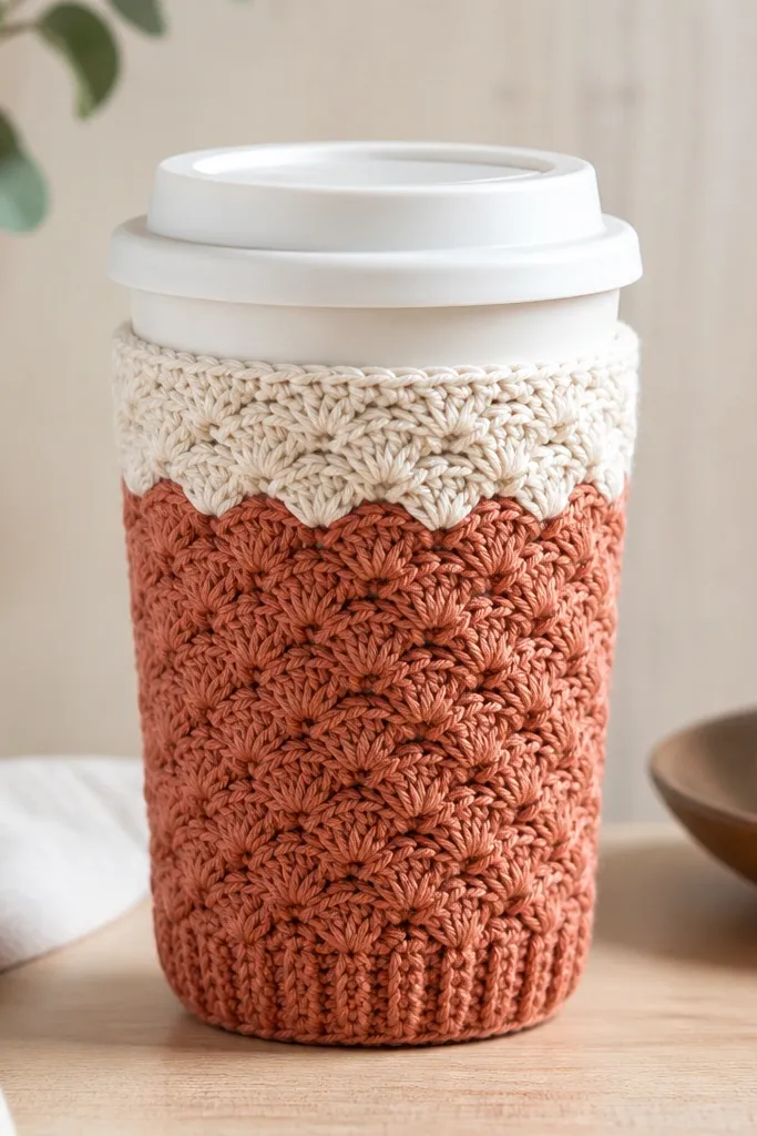 A crocheted travel mug sleeve with shell stitch texture. It has two colors: cream at the top and terracotta at the main body, with a neat ribbed edge at the bottom.