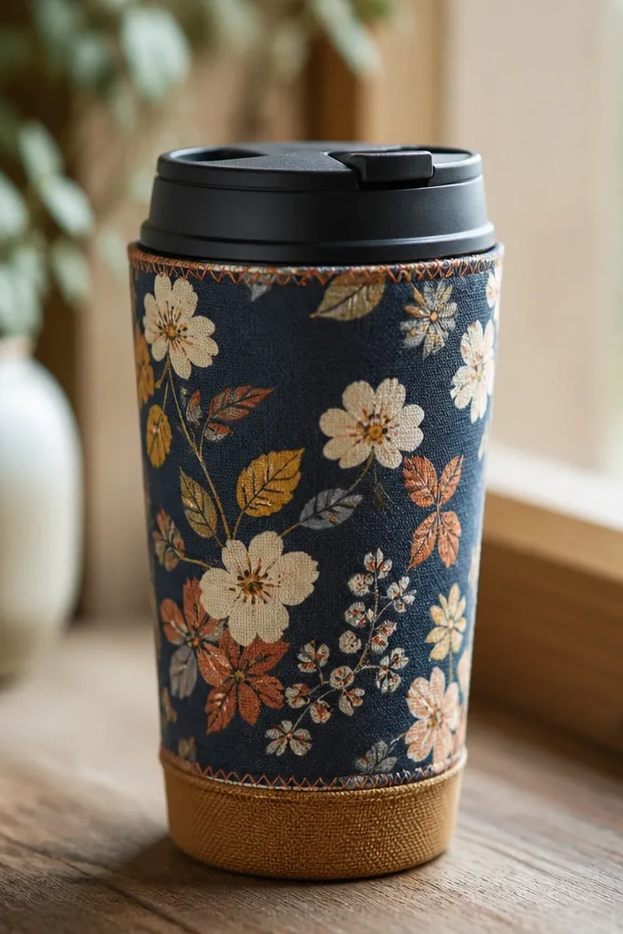 A travel mug with a snug wrap that has a visible fabric top layer and a subtle textured underlayer. The outer fabric is patterned cotton, and the top edge is stitched cleanly with a contrasting thread.