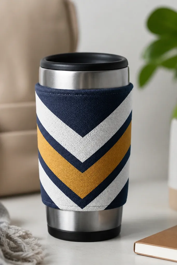 A travel mug with a fabric sleeve that has painted chevrons in white and mustard yellow. The chevrons are sharp and centered, with a dark navy base fabric.