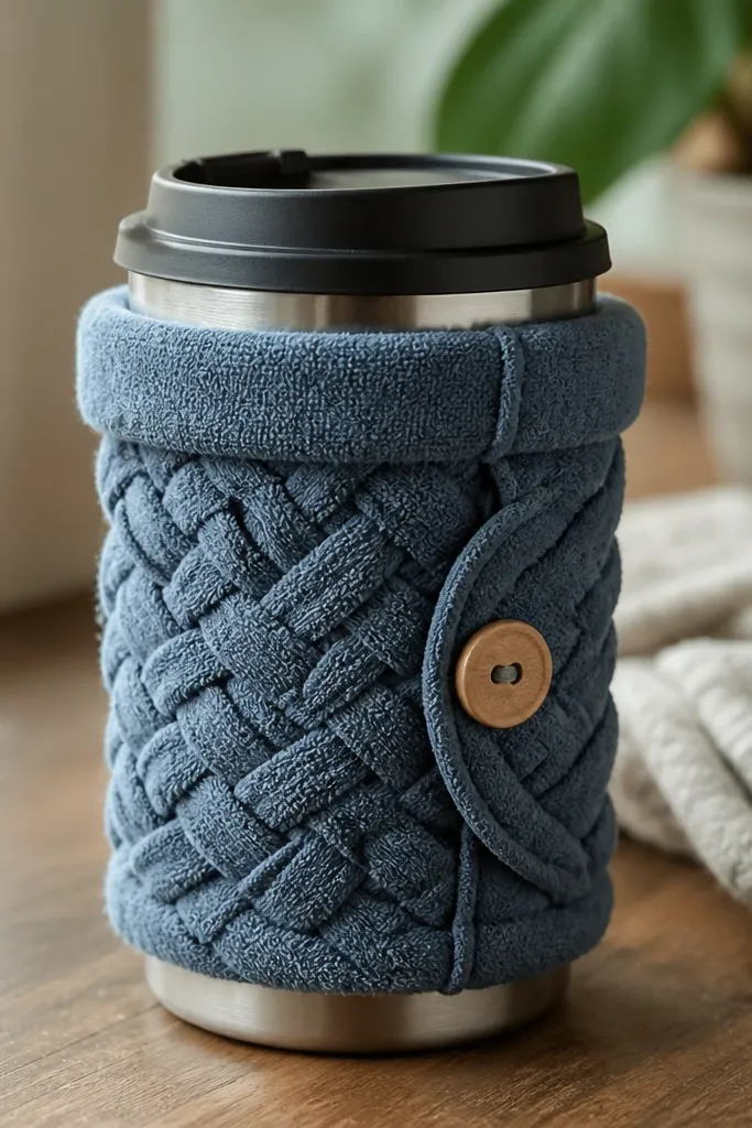 A travel mug wrapped in a braided strip made from an old towel. The wrap has a side button closure, and the top edge is folded into a tidy cuff.