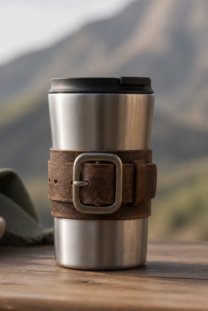A travel mug wrapped with a reclaimed leather belt strap. The strap wraps around the middle and has a metal buckle detail centered on the front.