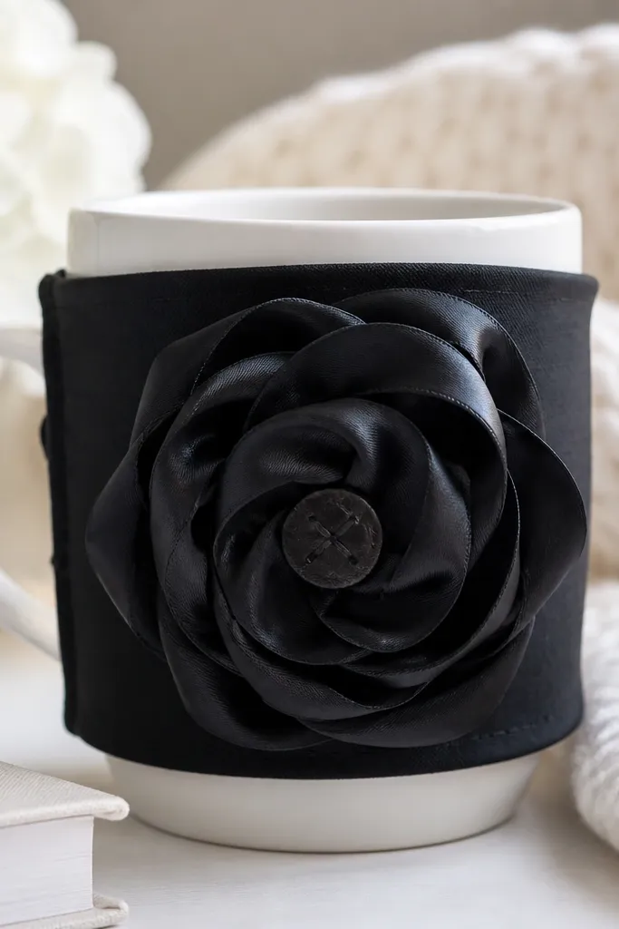 A mug sleeve made from simple black fabric with a large rosette made from layered satin ribbon on the front. The rosette has a small stitched center button.