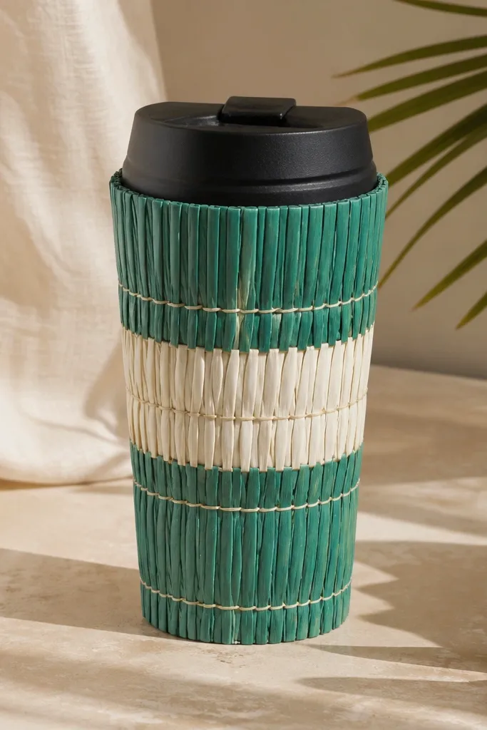 A travel mug with a sleeve made from bundled straw-like material or thick raffia. The wrap has a painted pattern in teal and white bands, sealed with a glossy clear coat.