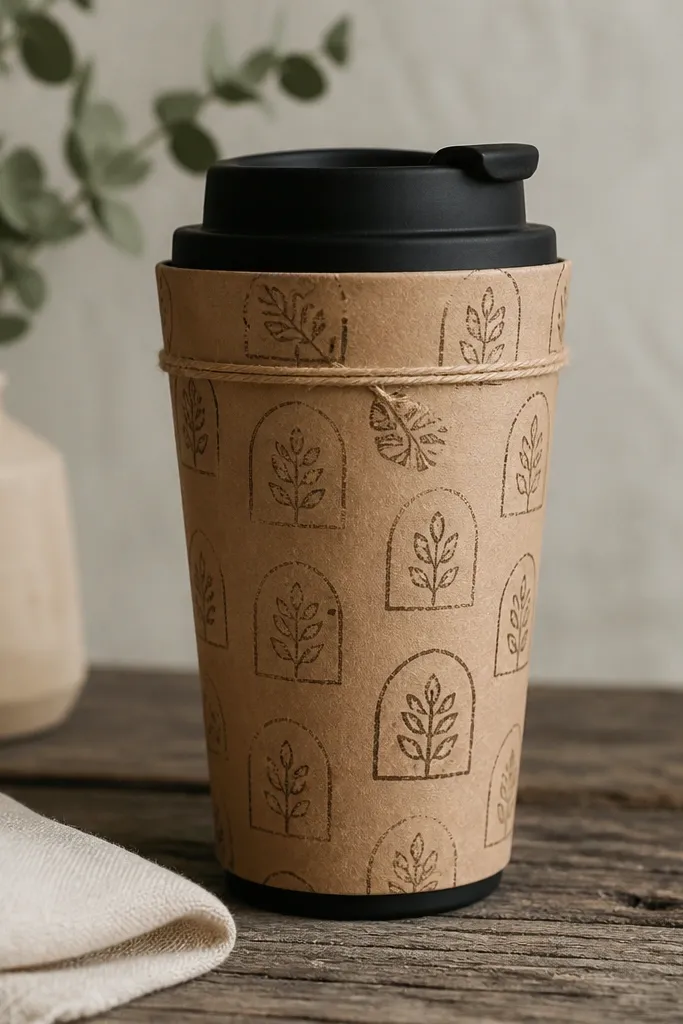 A kraft paper sleeve around a travel mug with a repeating stamp pattern in dark brown. The top edge is folded over and held by a narrow strip of twine.