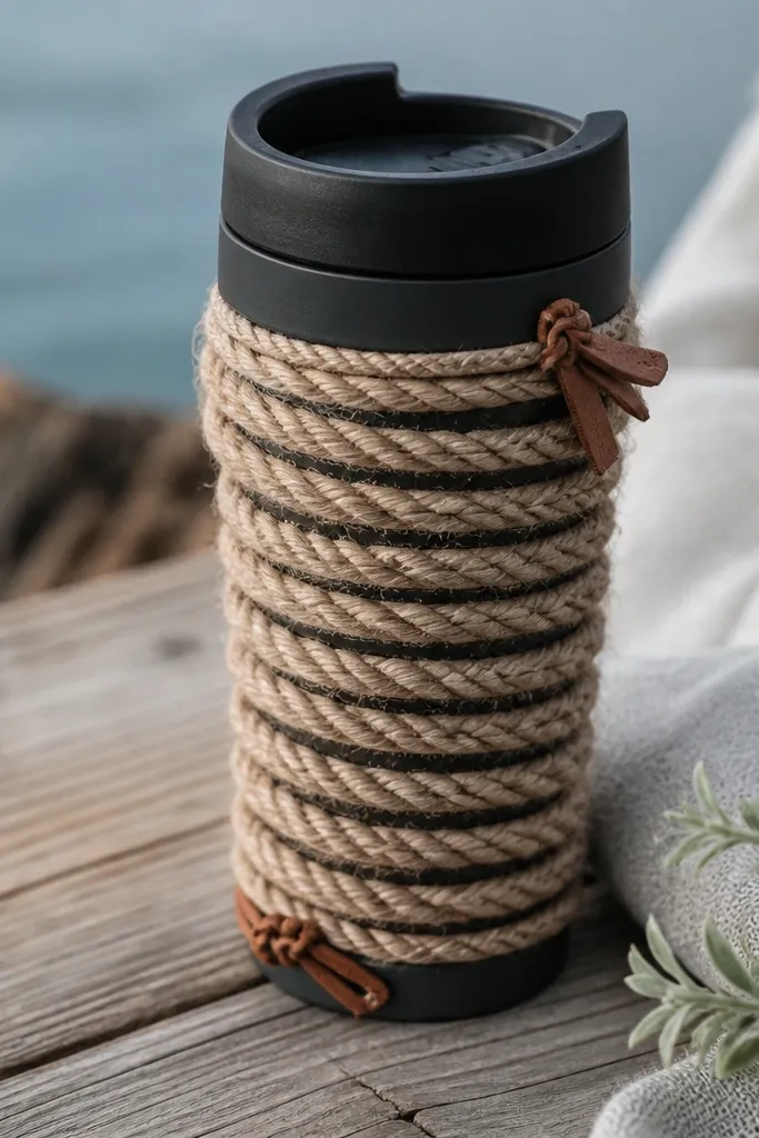 A travel mug wrapped in thick jute rope in a spiral pattern. Under the rope is a dark gray heat-proof sleeve, and the ends are tied with small leather knots.