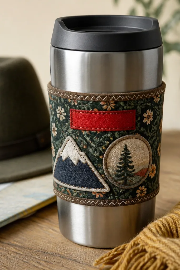 A travel mug sleeve with a wide patch band across the middle. The band is made from patterned fabric, with sewn-on patches and iron-on letters in white on a small red rectangle.