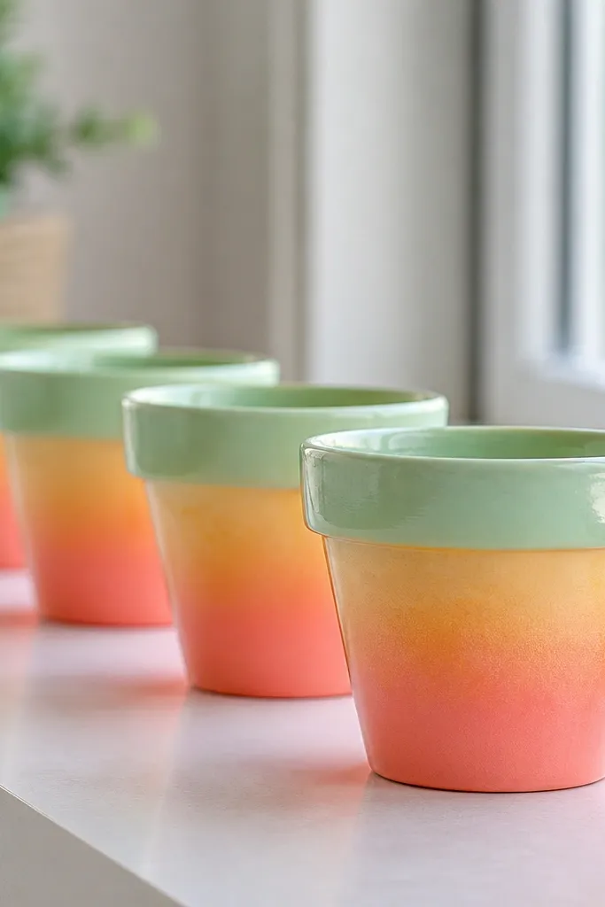 A row of small terracotta pots with a smooth vertical ombre from coral at the bottom to peach, then soft yellow, then mint green at the top. The paint edges look feathered from sponge dabbing, with a glossy clear coat reflecting light.