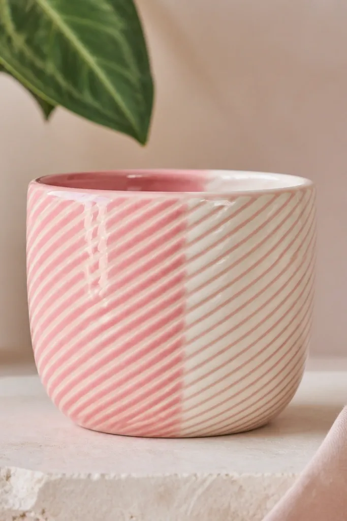 A mini pot painted half in glossy pink and half in creamy white, then wrapped with neat diagonal stripes in alternating thin lines. The stripes are crisp, like candy packaging, with a clear coat sheen.