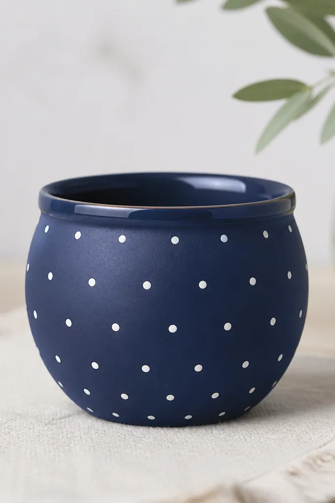 A small pot painted matte navy, covered in evenly spaced tiny white dots. A single dot near the rim is painted light blue, and the rim area has a subtle glossy highlight under a clear coat.