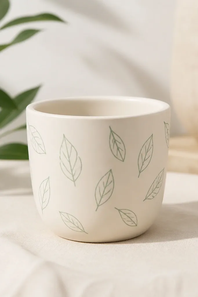 A pale cream mini pot with thin mint-green leaf outlines scattered around it like a gentle pattern. Each leaf has a simple center vein line, and the rim looks clean with no paint drips.